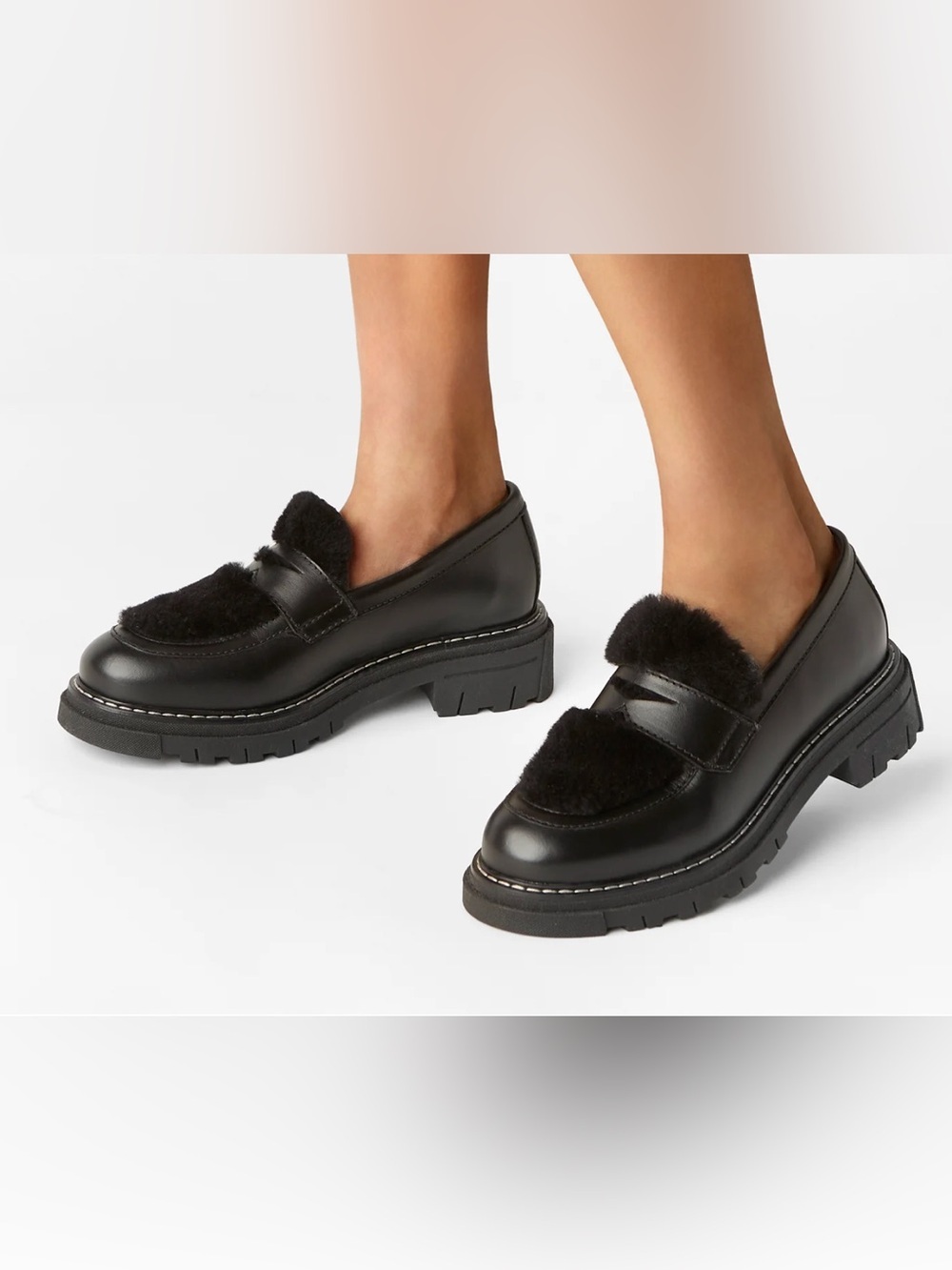 La Canadienne Derea Loafer Lug Sole Black Faux Fur Shoes Womens 6